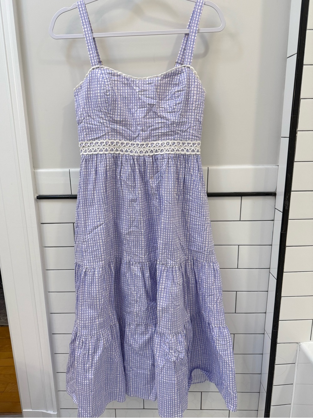 Lilly Pulitzer Lavender Gingham Tiered Sundress with Lace Trim
